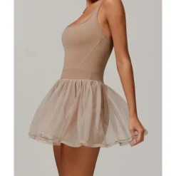 US Open Women's Solid Colored Tennis Dress with Built in Shorts and Bra Sports Dress Sleeveless Contrast Mesh Tennis Golf Pickleball U Neck Dress Black Cream Dark Navy Tennis Clothing