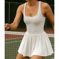 US Open Women's Solid Colored Tennis Dress with Built in Shorts and Bra Sports Dress Sleeveless Contrast Mesh Tennis Golf Pickleball U Neck Dress Black Cream Dark Navy Tennis Clothing