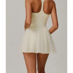 US Open Women's Solid Colored Tennis Dress with Built in Shorts and Bra Sports Dress Sleeveless Contrast Mesh Tennis Golf Pickleball U Neck Dress Black Cream Dark Navy Tennis Clothing