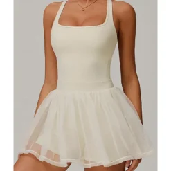 US Open Women's Solid Colored Tennis Dress with Built in Shorts and Bra Sports Dress Sleeveless Contrast Mesh Tennis Golf Pickleball U Neck Dress Black Cream Dark Navy Tennis Clothing