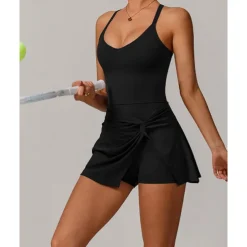 US Open Women's Solid Colored Tennis Dress with Built in Shorts and Bra Sports Dress 1PC Sleeveless Knot Front Backless Breathable Tennis Pickleball Strap Dress Black Dark Navy Purple Tennis Clothing