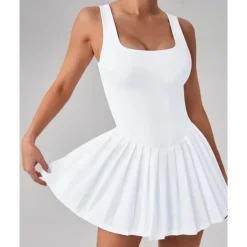 US Open Women's Solid Colored Tennis Dress with Built in Shorts and Bra Sports Dress 2 Pieces Sleeveless Pleated Pocket Tennis Golf Pickleball U Neck Black White Dark Navy Tennis Clothing