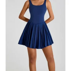 US Open Women's Solid Colored Tennis Dress with Built in Shorts and Bra Sports Dress 2 Pieces Sleeveless Pleated Pocket Tennis Golf Pickleball U Neck Black White Dark Navy Tennis Clothing