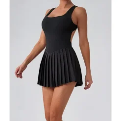 US Open Women's Solid Colored Tennis Dress with Built in Shorts and Bra Sports Dress 2 Pieces Sleeveless Pleated Pocket Tennis Golf Pickleball U Neck Black White Dark Navy Tennis Clothing