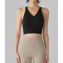 US Open Women's Solid Colored Tennis Bra Sleeveless Buttons Breathable Tennis Pickleball Yoga V Neck Crisscross Back Black Pink Cream Tennis Clothing