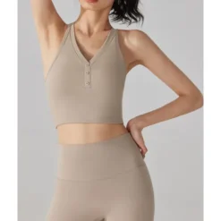 US Open Women's Solid Colored Tennis Bra Sleeveless Buttons Breathable Tennis Pickleball Yoga V Neck Crisscross Back Black Pink Cream Tennis Clothing