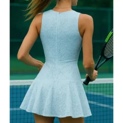 US Open Women's Solid Colored Tennis Dress with Built in Shorts and Bra Sports Dress Sleeveless Lace Breathable Tennis Pickleball Round Neck Dress Black White Sky Blue Lace Tennis Clothing