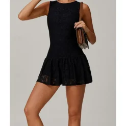 US Open Women's Solid Colored Tennis Dress with Built in Shorts and Bra Sports Dress Sleeveless Lace Breathable Tennis Pickleball Round Neck Dress Black White Sky Blue Lace Tennis Clothing