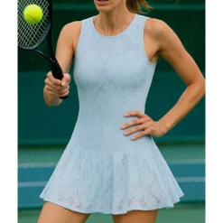 US Open Women's Solid Colored Tennis Dress with Built in Shorts and Bra Sports Dress Sleeveless Lace Breathable Tennis Pickleball Round Neck Dress Black White Sky Blue Lace Tennis Clothing