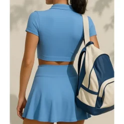 US Open Women's Solid Colored Sports Set Tennis Set Tennis Skirts with Shorts Tennis Top Short Sleeve Split UPF50+ Breathable Tennis Pickleball Polo Collar Dark Navy Blue Khaki Spandex Tennis Clothing