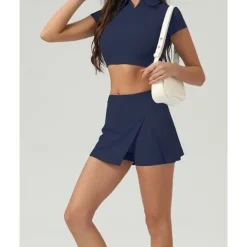US Open Women's Solid Colored Sports Set Tennis Set Tennis Skirts with Shorts Tennis Top Short Sleeve Split UPF50+ Breathable Tennis Pickleball Polo Collar Dark Navy Blue Khaki Spandex Tennis Clothing