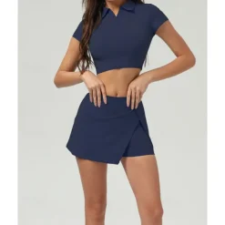 US Open Women's Solid Colored Sports Set Tennis Set Tennis Skirts with Shorts Tennis Top Short Sleeve Split UPF50+ Breathable Tennis Pickleball Polo Collar Dark Navy Blue Khaki Spandex Tennis Clothing