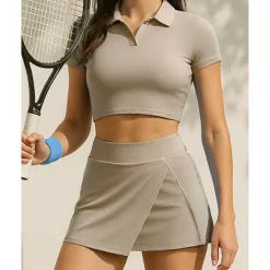 US Open Women's Solid Colored Sports Set Tennis Set Tennis Skirts with Shorts Tennis Top Short Sleeve Split UPF50+ Breathable Tennis Pickleball Polo Collar Dark Navy Blue Khaki Spandex Tennis Clothing
