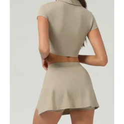 US Open Women's Solid Colored Sports Set Tennis Set Tennis Skirts with Shorts Tennis Top Short Sleeve Split UPF50+ Breathable Tennis Pickleball Polo Collar Dark Navy Blue Khaki Spandex Tennis Clothing