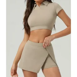 US Open Women's Solid Colored Sports Set Tennis Set Tennis Skirts with Shorts Tennis Top Short Sleeve Split UPF50+ Breathable Tennis Pickleball Polo Collar Dark Navy Blue Khaki Spandex Tennis Clothing