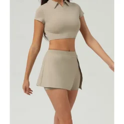 US Open Women's Solid Colored Sports Set Tennis Set Tennis Skirts with Shorts Tennis Top Short Sleeve Split UPF50+ Breathable Tennis Pickleball Polo Collar Dark Navy Blue Khaki Spandex Tennis Clothing