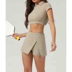 US Open Women's Solid Colored Sports Set Tennis Set Tennis Skirts with Shorts Tennis Top Short Sleeve Split UPF50+ Breathable Tennis Pickleball Polo Collar Dark Navy Blue Khaki Spandex Tennis Clothing