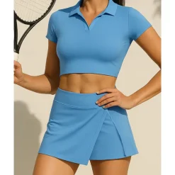 US Open Women's Solid Colored Sports Set Tennis Set Tennis Skirts with Shorts Tennis Top Short Sleeve Split UPF50+ Breathable Tennis Pickleball Polo Collar Dark Navy Blue Khaki Spandex Tennis Clothing