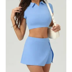 US Open Women's Solid Colored Sports Set Tennis Set Tennis Skirts with Shorts Tennis Top Short Sleeve Split UPF50+ Breathable Tennis Pickleball Polo Collar Dark Navy Blue Khaki Spandex Tennis Clothing