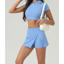 US Open Women's Solid Colored Sports Set Tennis Set Tennis Skirts with Shorts Tennis Top Short Sleeve Split UPF50+ Breathable Tennis Pickleball Polo Collar Dark Navy Blue Khaki Spandex Tennis Clothing