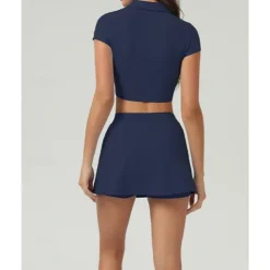 US Open Women's Solid Colored Sports Set Tennis Set Tennis Skirts with Shorts Tennis Top Short Sleeve Split UPF50+ Breathable Tennis Pickleball Polo Collar Dark Navy Blue Khaki Spandex Tennis Clothing