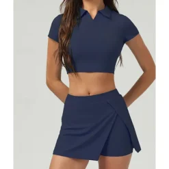 US Open Women's Solid Colored Sports Set Tennis Set Tennis Skirts with Shorts Tennis Top Short Sleeve Split UPF50+ Breathable Tennis Pickleball Polo Collar Dark Navy Blue Khaki Spandex Tennis Clothing