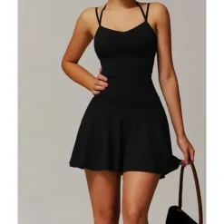 US Open Women's Solid Colored Tennis Dress with Built in Shorts and Bra Sports Dress Sleeveless Pocket Breathable Tennis Pickleball Round Neck Dress Black Ivory Dark Navy Tennis Clothing