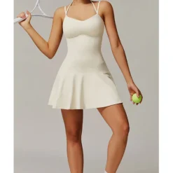 US Open Women's Solid Colored Tennis Dress with Built in Shorts and Bra Sports Dress Sleeveless Pocket Breathable Tennis Pickleball Round Neck Dress Black Ivory Dark Navy Tennis Clothing