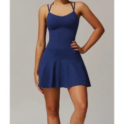 US Open Women's Solid Colored Tennis Dress with Built in Shorts and Bra Sports Dress Sleeveless Pocket Breathable Tennis Pickleball Round Neck Dress Black Ivory Dark Navy Tennis Clothing