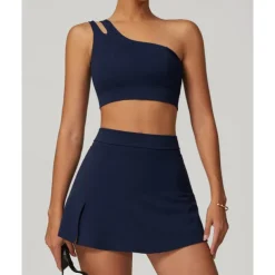 US Open Women's Solid Colored Tennis Set Sleeveless Split Quick Dry Breathable Tennis Pickleball Yoga One Shoulder Black White Dark Navy Tennis Clothing