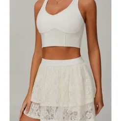 US Open Women's Solid Colored Sports Set Tennis Set Sleeveless Lace Contrast Mesh Breathable Tennis Pickleball Round Neck Sports Bra Skort Black Cream Blue Tennis Clothing