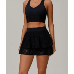 US Open Women's Solid Colored Sports Set Tennis Set Sleeveless Lace Contrast Mesh Breathable Tennis Pickleball Round Neck Sports Bra Skort Black Cream Blue Tennis Clothing