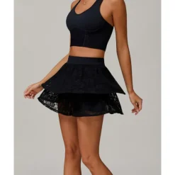 US Open Women's Solid Colored Sports Set Tennis Set Sleeveless Lace Contrast Mesh Breathable Tennis Pickleball Round Neck Sports Bra Skort Black Cream Blue Tennis Clothing