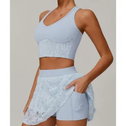 US Open Women's Solid Colored Sports Set Tennis Set Sleeveless Lace Contrast Mesh Breathable Tennis Pickleball Round Neck Sports Bra Skort Black Cream Blue Tennis Clothing