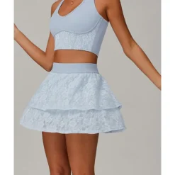 US Open Women's Solid Colored Sports Set Tennis Set Sleeveless Lace Contrast Mesh Breathable Tennis Pickleball Round Neck Sports Bra Skort Black Cream Blue Tennis Clothing