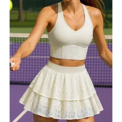US Open Women's Solid Colored Sports Set Tennis Set Sleeveless Lace Contrast Mesh Breathable Tennis Pickleball Round Neck Sports Bra Skort Black Cream Blue Tennis Clothing