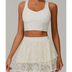 US Open Women's Solid Colored Sports Set Tennis Set Sleeveless Lace Contrast Mesh Breathable Tennis Pickleball Round Neck Sports Bra Skort Black Cream Blue Tennis Clothing