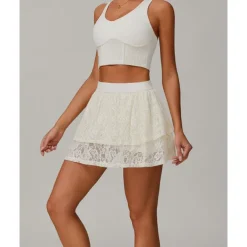 US Open Women's Solid Colored Sports Set Tennis Set Sleeveless Lace Contrast Mesh Breathable Tennis Pickleball Round Neck Sports Bra Skort Black Cream Blue Tennis Clothing