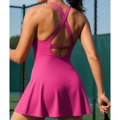 US Open Women's Solid Colored Tennis Dress with Built in Shorts and Bra Sports Dress Sleeveless Ruched Breathable Tennis Pickleball Round Dress Black Dark Navy Brown Tennis Clothing