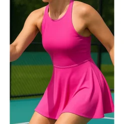 US Open Women's Solid Colored Tennis Dress with Built in Shorts and Bra Sports Dress Sleeveless Ruched Breathable Tennis Pickleball Round Dress Black Dark Navy Brown Tennis Clothing