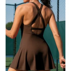 US Open Women's Solid Colored Tennis Dress with Built in Shorts and Bra Sports Dress Sleeveless Ruched Breathable Tennis Pickleball Round Dress Black Dark Navy Brown Tennis Clothing