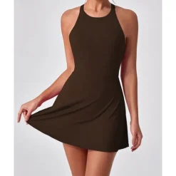 US Open Women's Solid Colored Tennis Dress with Built in Shorts and Bra Sports Dress Sleeveless Ruched Breathable Tennis Pickleball Round Dress Black Dark Navy Brown Tennis Clothing