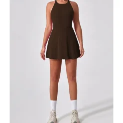 US Open Women's Solid Colored Tennis Dress with Built in Shorts and Bra Sports Dress Sleeveless Ruched Breathable Tennis Pickleball Round Dress Black Dark Navy Brown Tennis Clothing