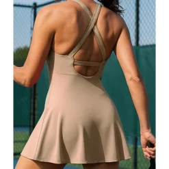 US Open Women's Solid Colored Tennis Dress with Built in Shorts and Bra Sports Dress Sleeveless Ruched Breathable Tennis Pickleball Round Dress Black Dark Navy Brown Tennis Clothing