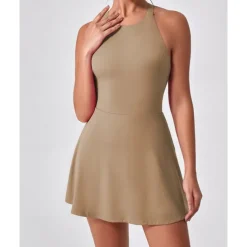 US Open Women's Solid Colored Tennis Dress with Built in Shorts and Bra Sports Dress Sleeveless Ruched Breathable Tennis Pickleball Round Dress Black Dark Navy Brown Tennis Clothing