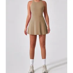 US Open Women's Solid Colored Tennis Dress with Built in Shorts and Bra Sports Dress Sleeveless Ruched Breathable Tennis Pickleball Round Dress Black Dark Navy Brown Tennis Clothing