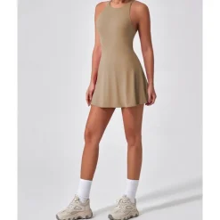 US Open Women's Solid Colored Tennis Dress with Built in Shorts and Bra Sports Dress Sleeveless Ruched Breathable Tennis Pickleball Round Dress Black Dark Navy Brown Tennis Clothing