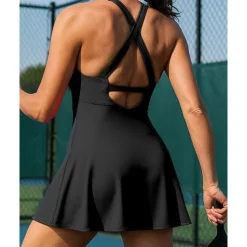 US Open Women's Solid Colored Tennis Dress with Built in Shorts and Bra Sports Dress Sleeveless Ruched Breathable Tennis Pickleball Round Dress Black Dark Navy Brown Tennis Clothing