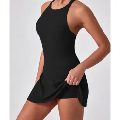 US Open Women's Solid Colored Tennis Dress with Built in Shorts and Bra Sports Dress Sleeveless Ruched Breathable Tennis Pickleball Round Dress Black Dark Navy Brown Tennis Clothing