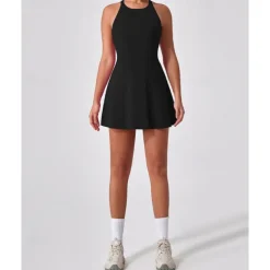 US Open Women's Solid Colored Tennis Dress with Built in Shorts and Bra Sports Dress Sleeveless Ruched Breathable Tennis Pickleball Round Dress Black Dark Navy Brown Tennis Clothing